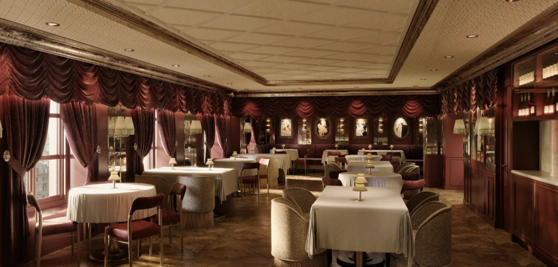 Tables et rideaux de velours dans la salle de Brasserie Casel