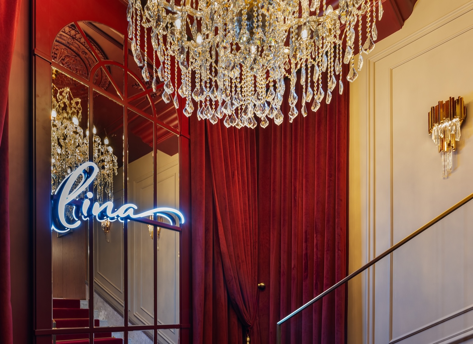 Set tables under the chandelier at Lina Anatolian Kitchen